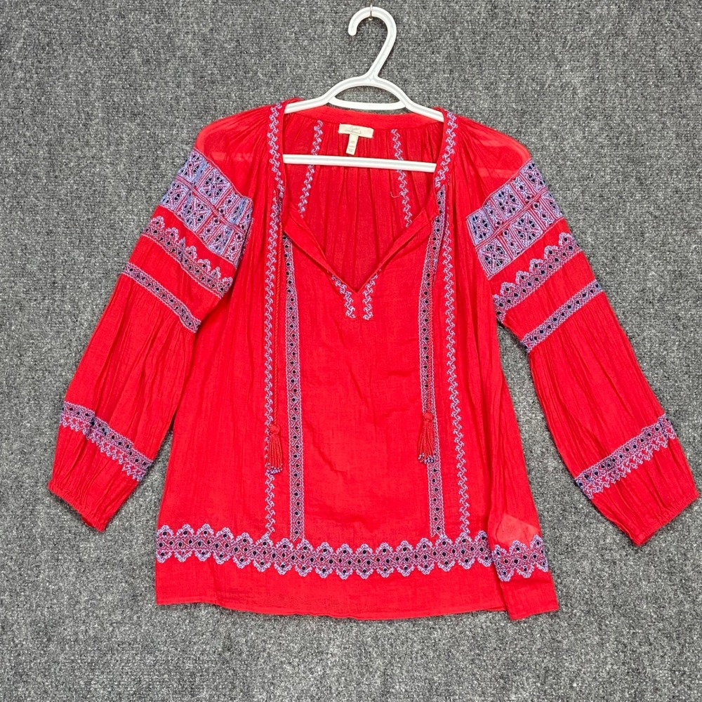 Joie Womens Red Embroidered Peasant Blouse XXS Tassels Boho Top Festival Concert